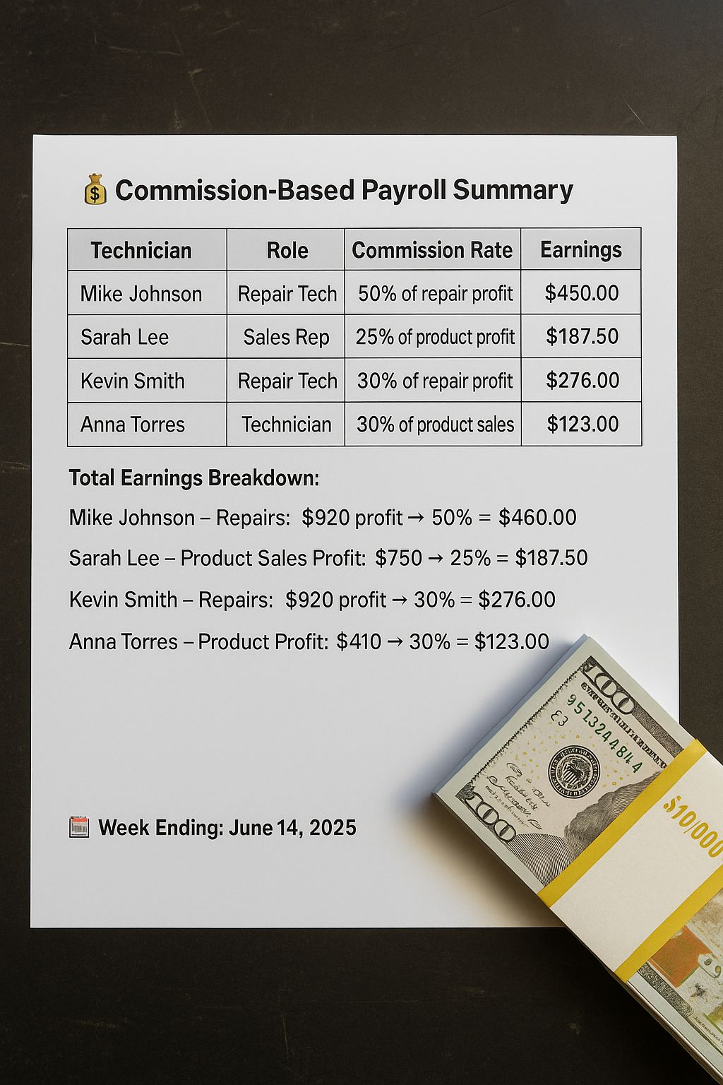 Commission-Based Payroll for Repair Technicians