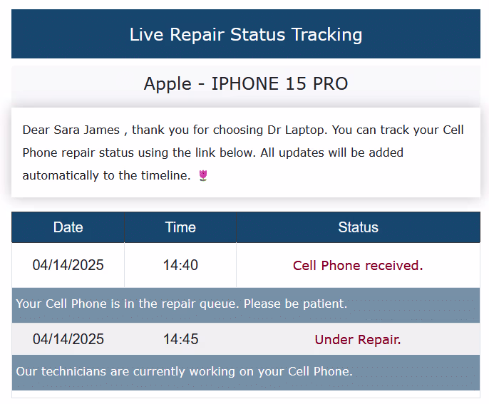 Customer Notification 3 Repair Status Example 1