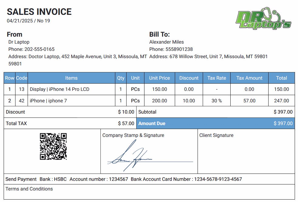 Store Sales Invoice Example