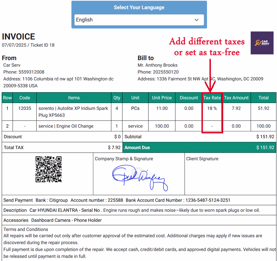 Auto Repair Shop Invoice