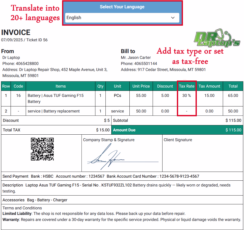 Laptop Repair Shop Invoice