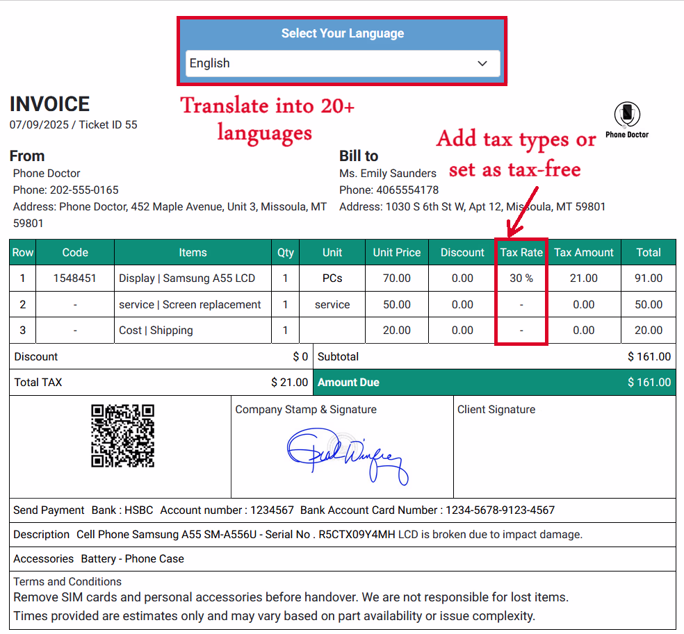 Mobile Repair Shop Invoice