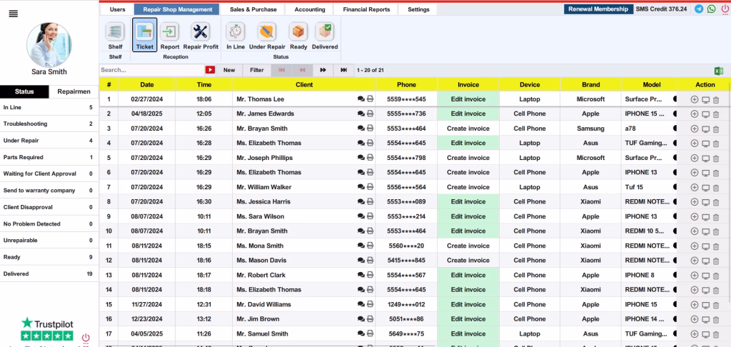 Repairdashboard Interface